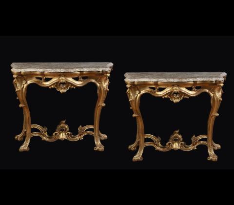 Pair of Neapolitan Louis XV carved and gilded wood console tables